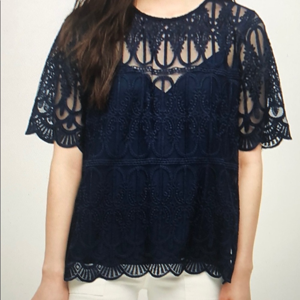 Anthropologie Marka Lace Tee Navy Size Small
